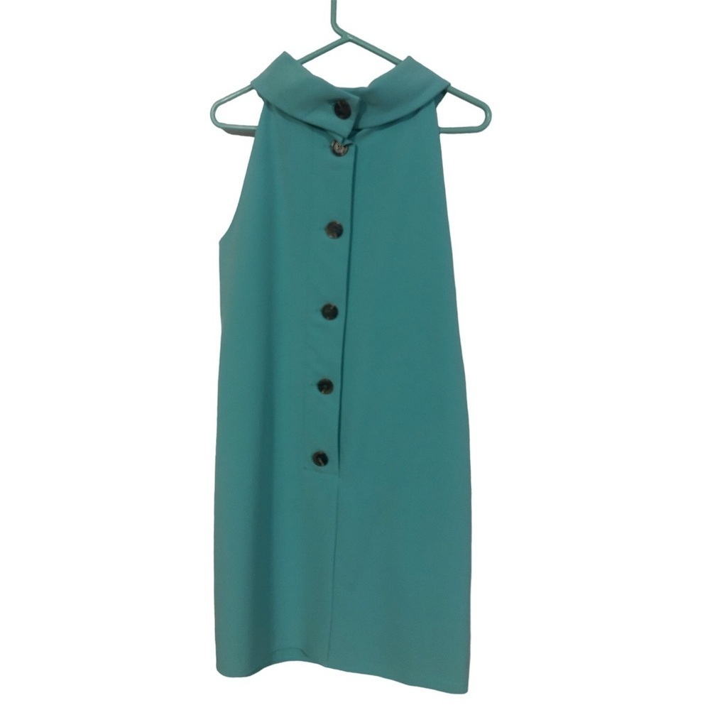 Cowl Neck Shift Dress Sail to Sable Turquoise Slvls. Button Back 60's Vibes L - Picture 4 of 7